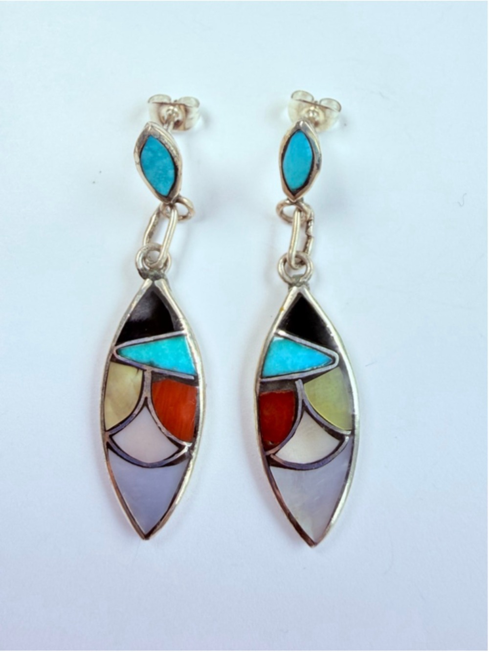Old Pawn Zuni Multi Stone Flush Fish Scale Inlay Sterling Silver VTG Earrings